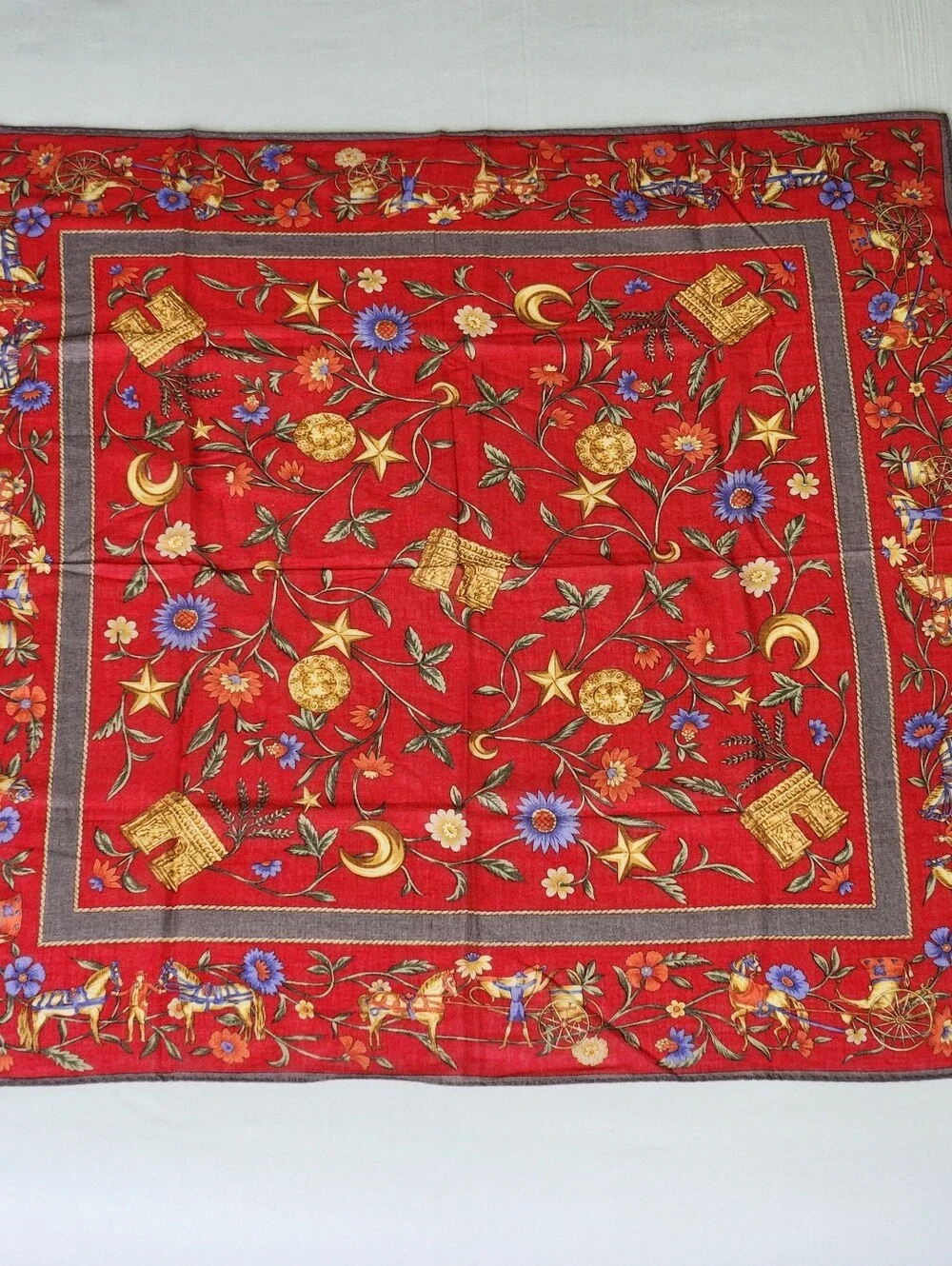 Vintage CELINE Paris Red Equestrian Carriage Cotton Handkerchief Scarf 18